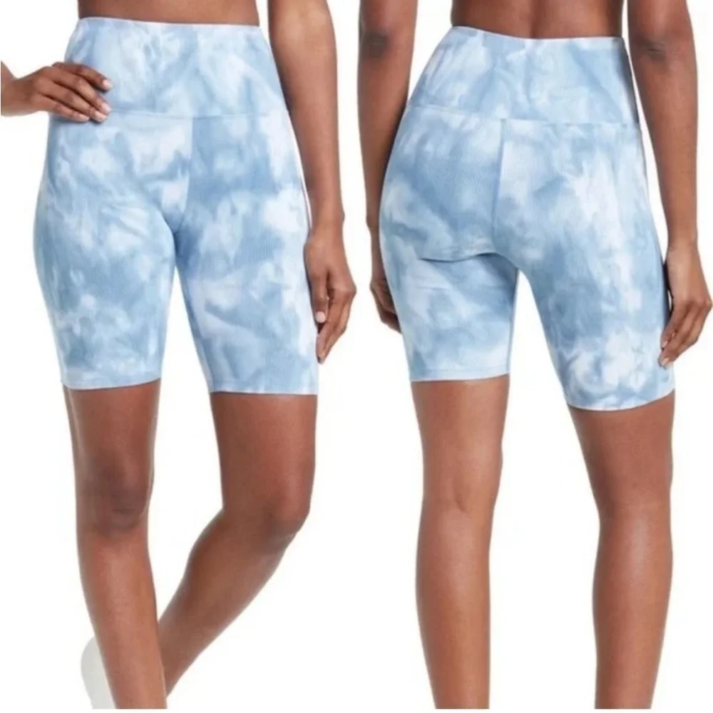 NWT Carbon 38 Ribbed Biker Short Long Length Stretch Gym High Rise Blue Sz XS
